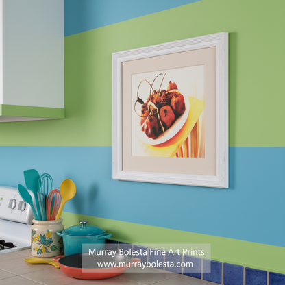 Decorative wall art of a fruit platter with a white background. Still Life Food Art in Southwest Style with Fruit & Found Objects by Murray Bolesta