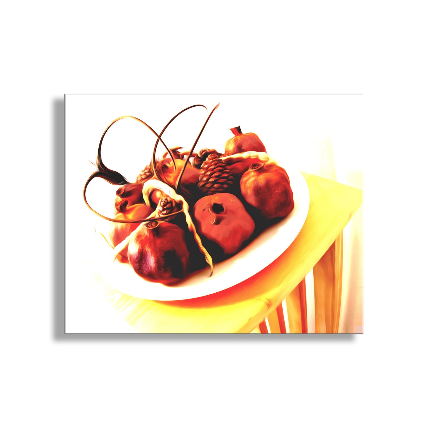 Decorative wall art of a fruit platter with a white background. Still Life Food Art in Southwest Style with Fruit & Found Objects