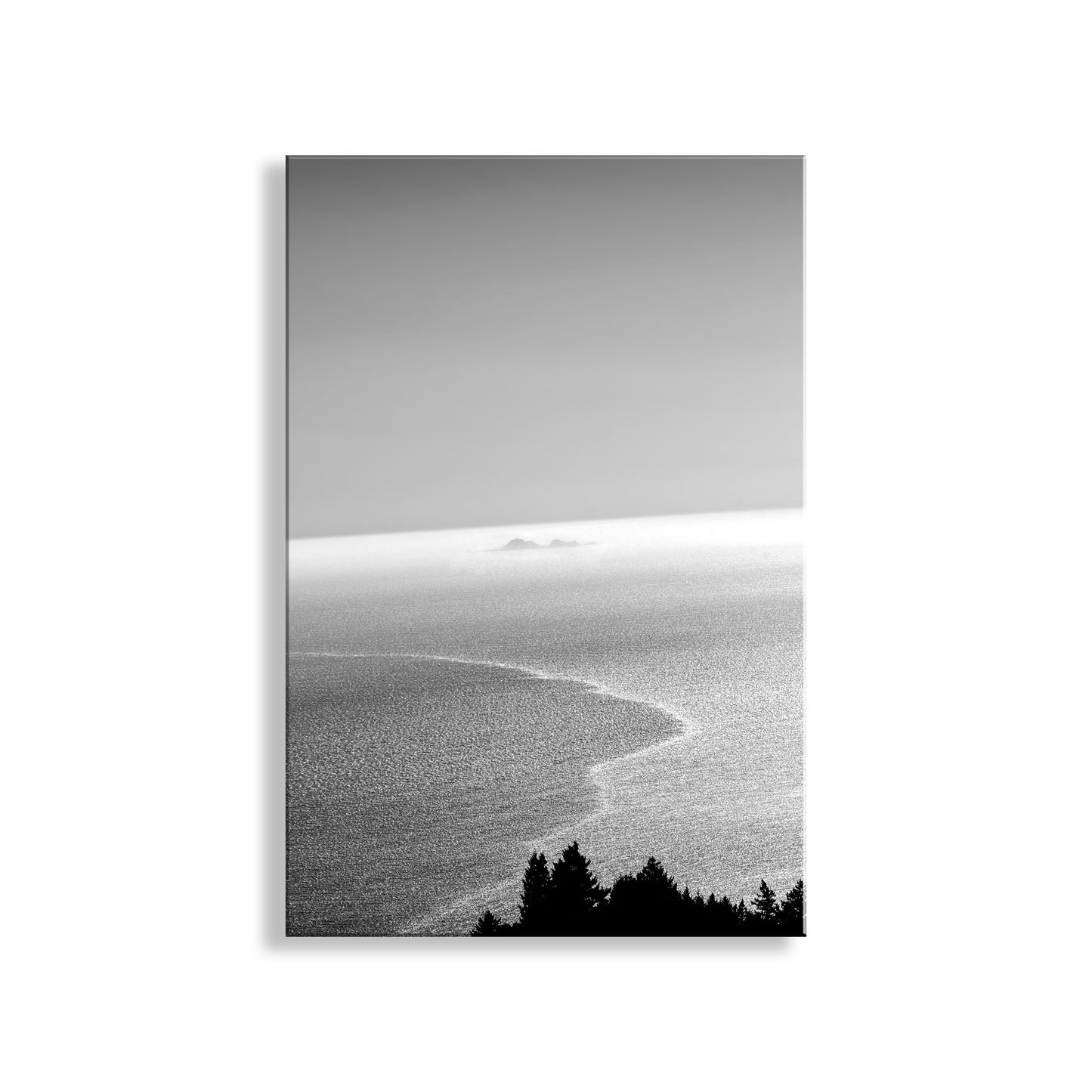 Black and white landscape with a beach and trees on a white background. My elegant minimalist black &amp; white Marin County California ocean photography for your pleasure. San Francisco's Farallon Islands float on the far horizon like an apparition! I captured this scene from Mt. Tamalpais on a splendid spring afternoon, with a marvelous tide line to boot. Original, unique signed art by Murray Bolesta!
