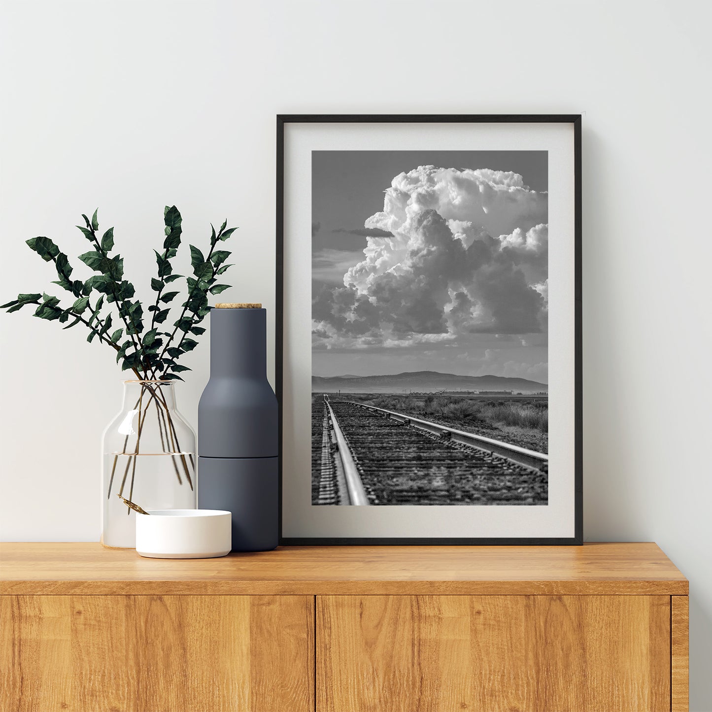 Black and White Railroad Art Print in Western Landscape with Train Tracks