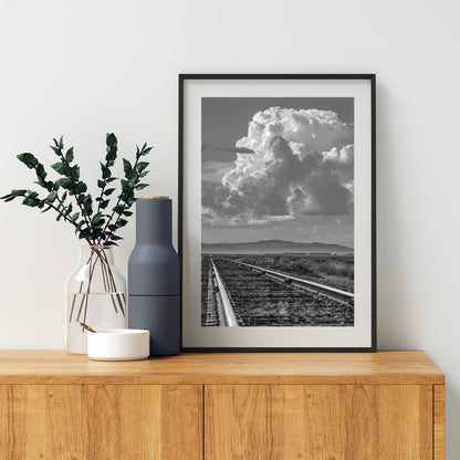 Black and White Railroad Art Print in Western Landscape with Train Tracks