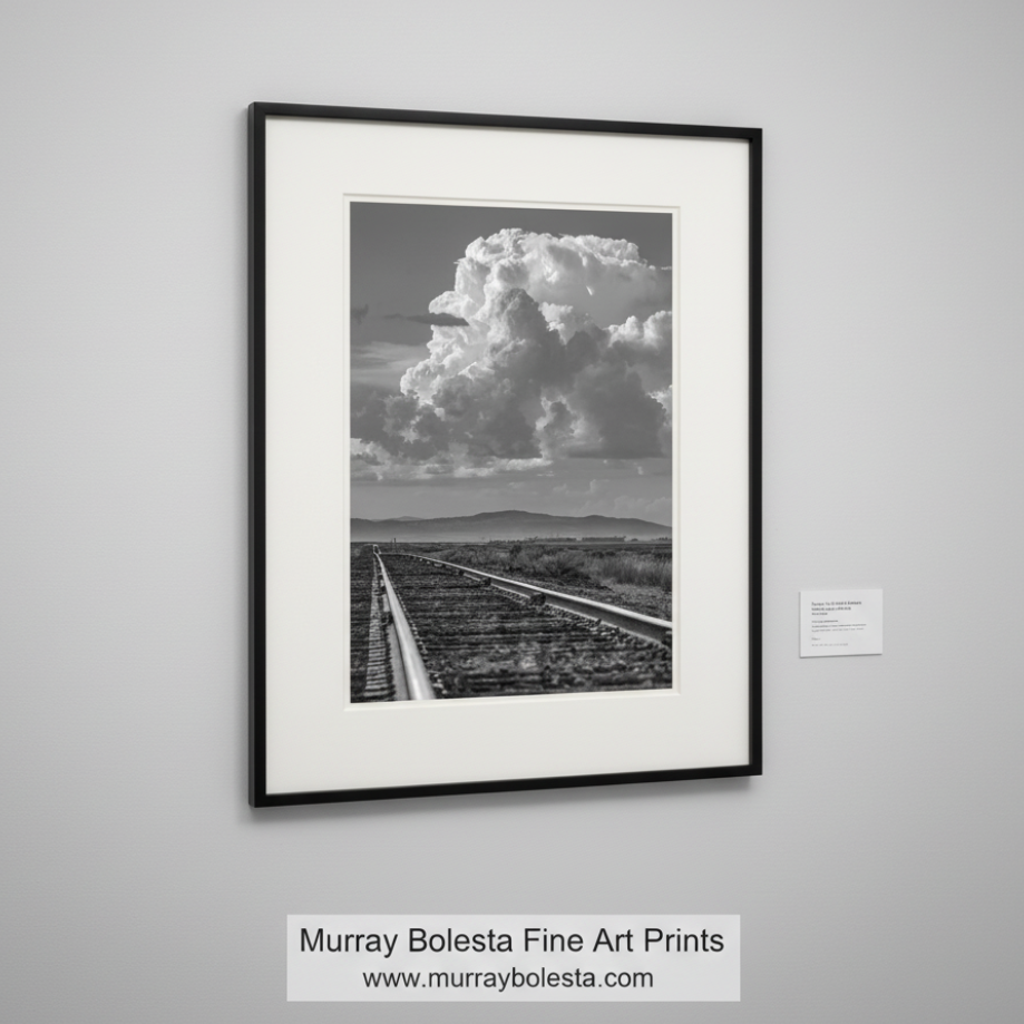 Black and white photograph of a railway track leading towards a large cloud. By Murray Bolesta.