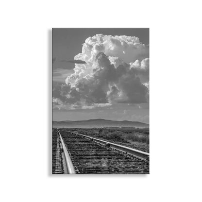 Black and White Railroad Art Print in Western Landscape with Train Tracks