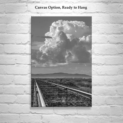 Black and White Railroad Art Print in Western Landscape with Train Tracks
