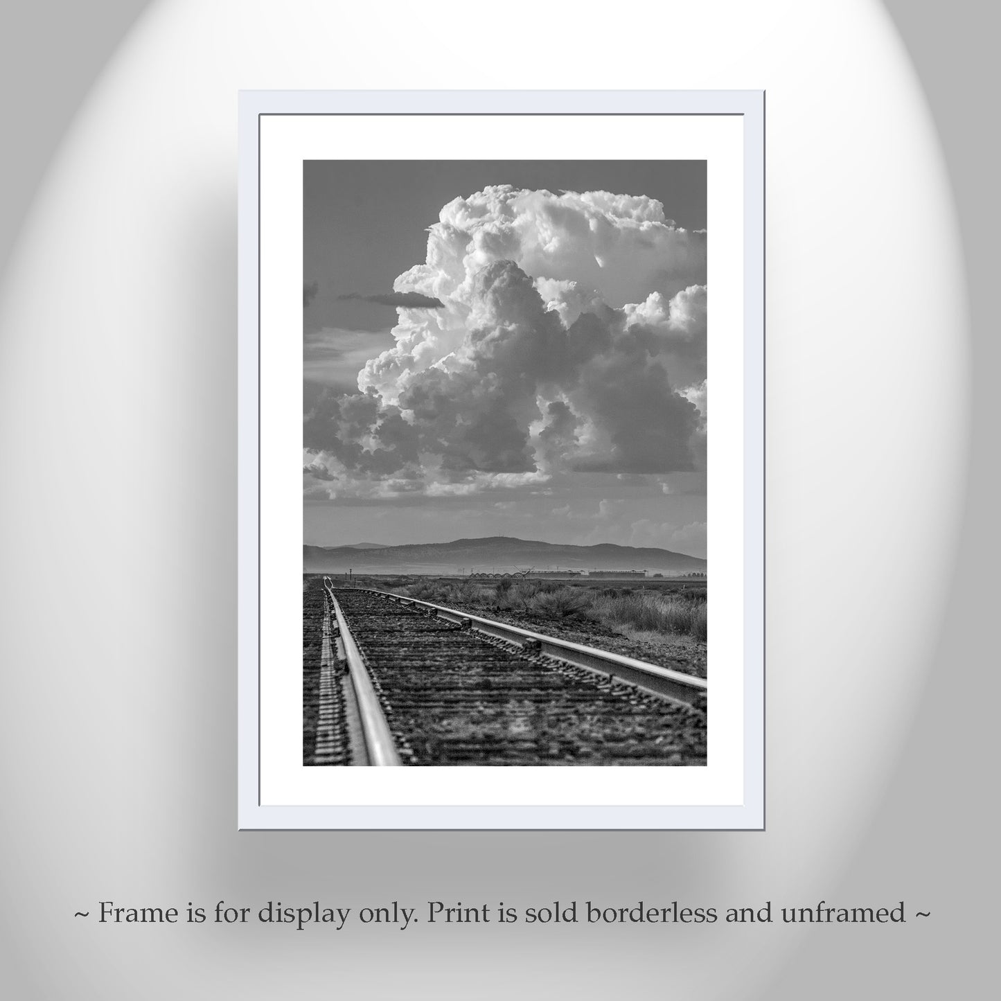 Black and White Railroad Art Print in Western Landscape with Train Tracks