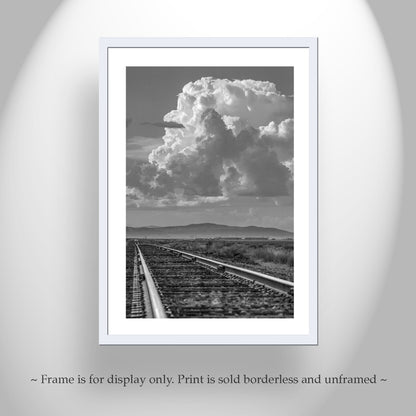 Black and White Railroad Art Print in Western Landscape with Train Tracks