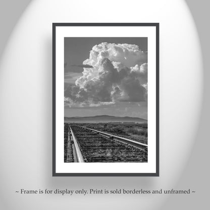 Black and White Railroad Art Print in Western Landscape with Train Tracks
