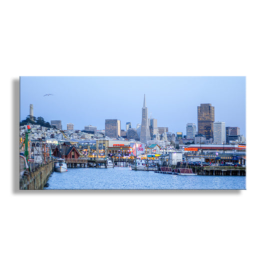 City skyline with waterfront and boats at dusk. Fishermans Wharf Art Print Panorama | San Francisco California