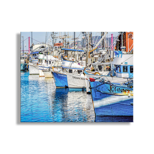 Marina scene with boats docked in a harbor. Fishermans Wharf San Francisco Picture of Old Fishing Boats