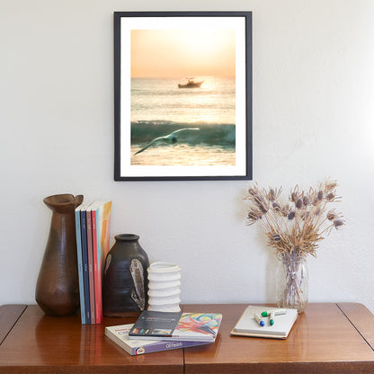 Rhode Island Beach Sunrise Artwork with Fishing Trawler Boat & Seagull