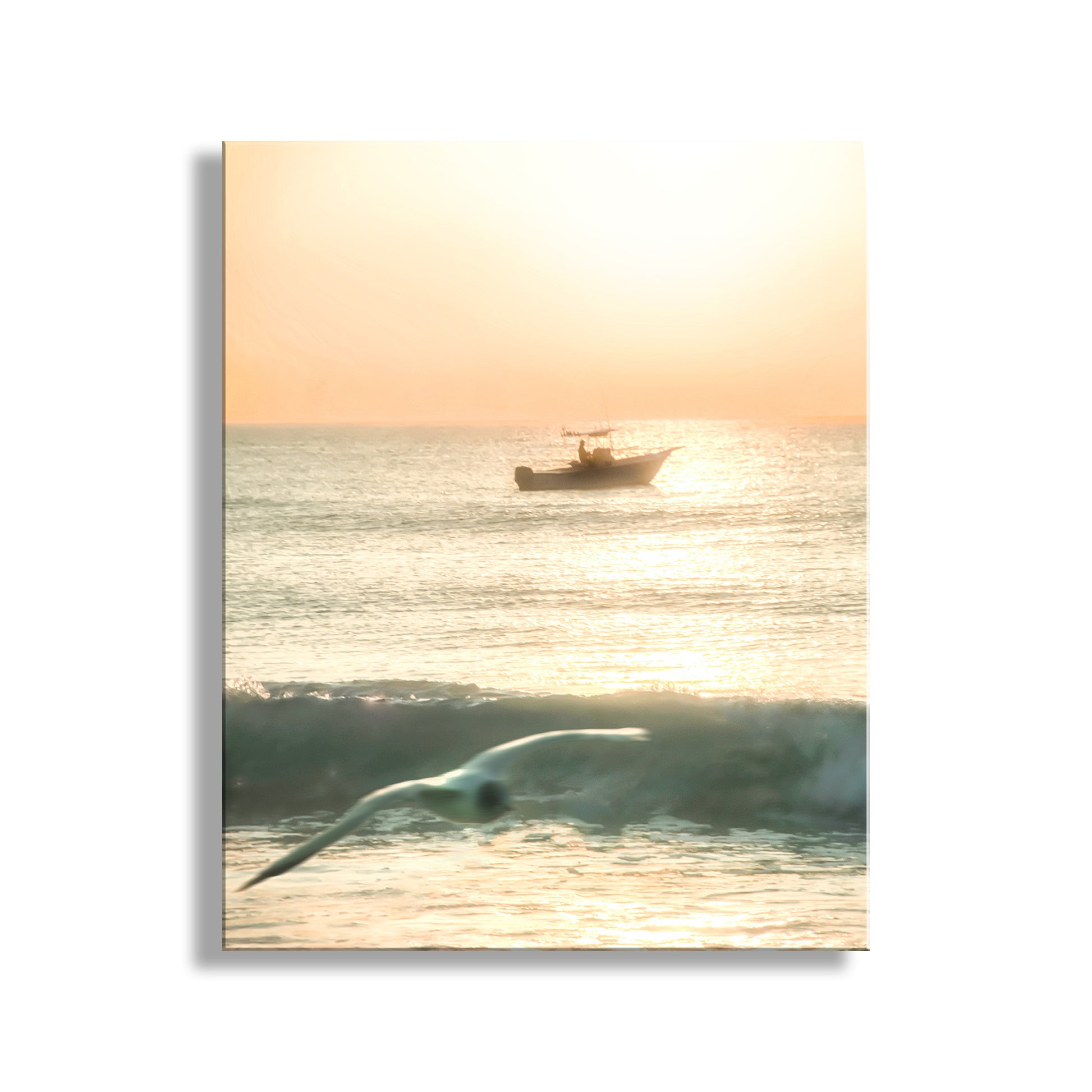 Boat on water with a whale in the foreground at sunset. Rhode Island Beach Sunrise Artwork with Fishing Trawler Boat & Seagull