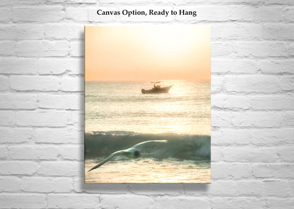 Rhode Island Beach Sunrise Artwork with Fishing Trawler Boat & Seagull