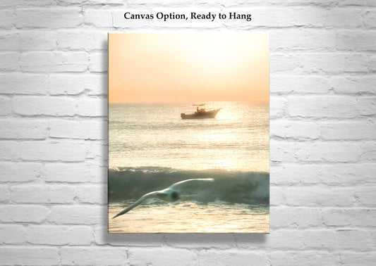 Rhode Island Beach Sunrise Artwork with Fishing Trawler Boat & Seagull