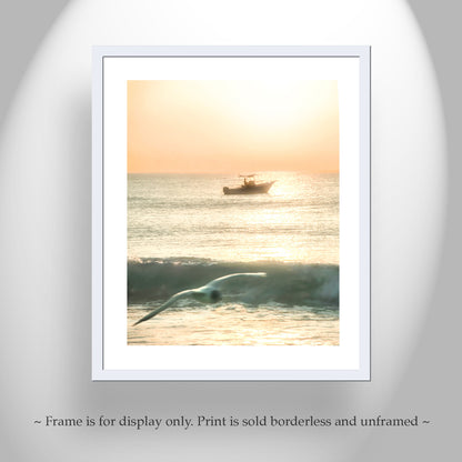 Rhode Island Beach Sunrise Artwork with Fishing Trawler Boat & Seagull