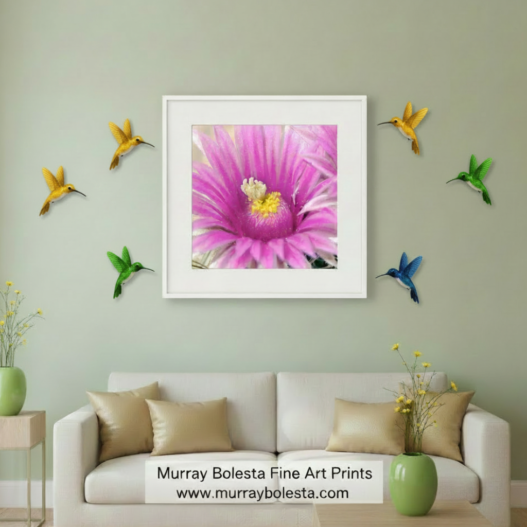 A framed art print of a pink cactus flower displayed on a sage green wall above a white sofa in a styled living room. The print is surrounded by five colorful 3D hummingbird wall sculptures in yellow, green, and blue. Murray Bolesta