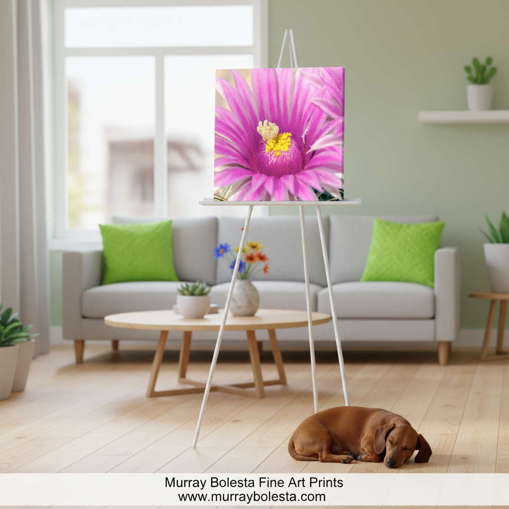 Close-up of a pink cactus flower with yellow center on a white background. Cactus Flower in Pink and Magenta on Square Art Print by Murray Bolesta