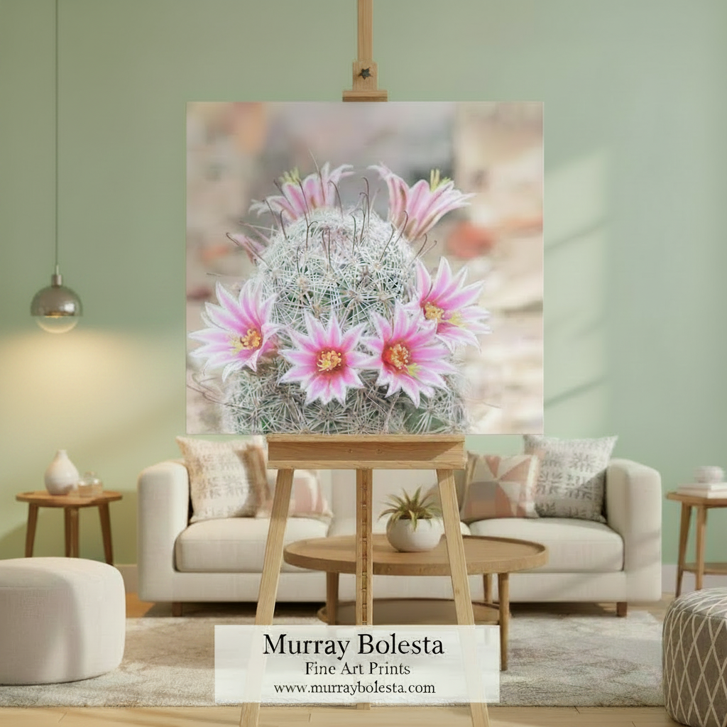 Cactus with pink flowers on a blurred natural background. Pink Cactus Flower Photograph in Tucson Arizona Desert | Southwestern Botanical Wall Decor by Murray Bolesta