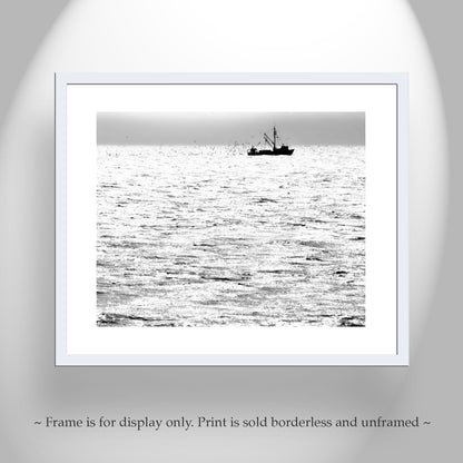 Block Island Fishing Trawler Ocean Art Print in Black and White