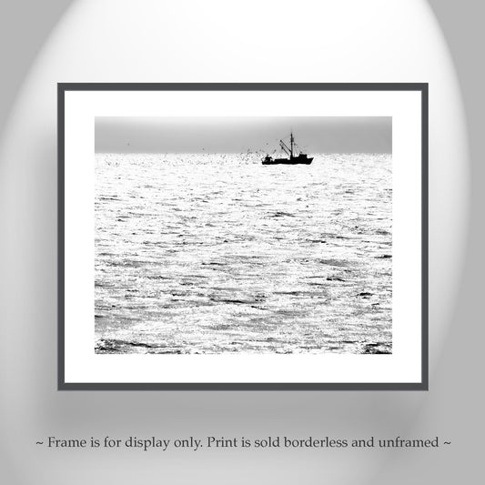 Block Island Fishing Trawler Ocean Art Print in Black and White