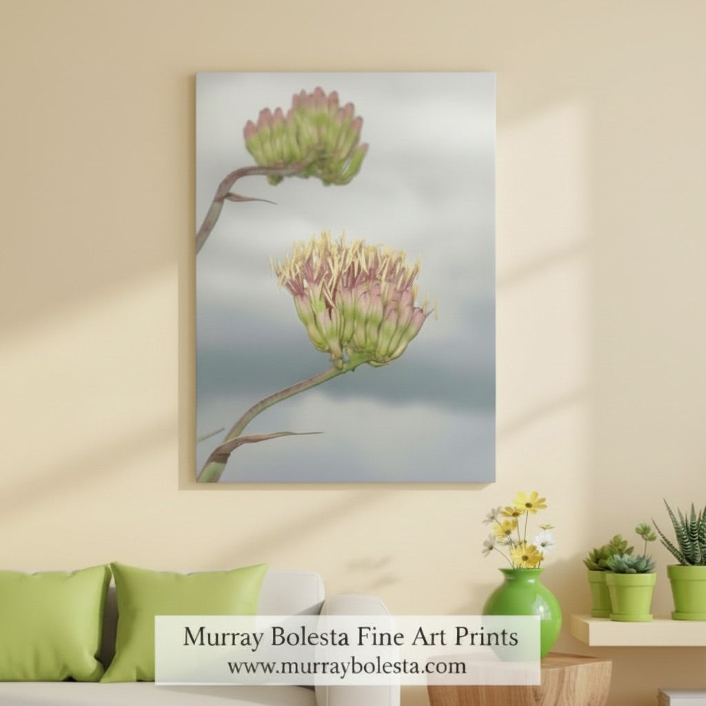 A framed wall art print showing two muted flower heads on a soft gray-blue background, displayed above a sofa in a styled living room. The print is the product being sold, and the room decor is contextual staging.
