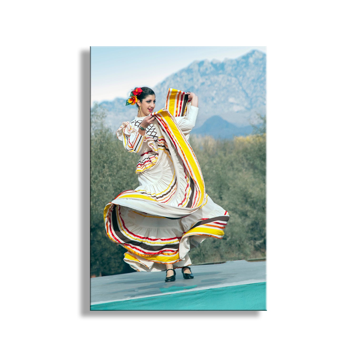 Woman in traditional attire with a colorful scarf, standing on a road with mountains in the background. Folklorico Mexican Dancer Photograph at Tumacácori Arizona Fiesta