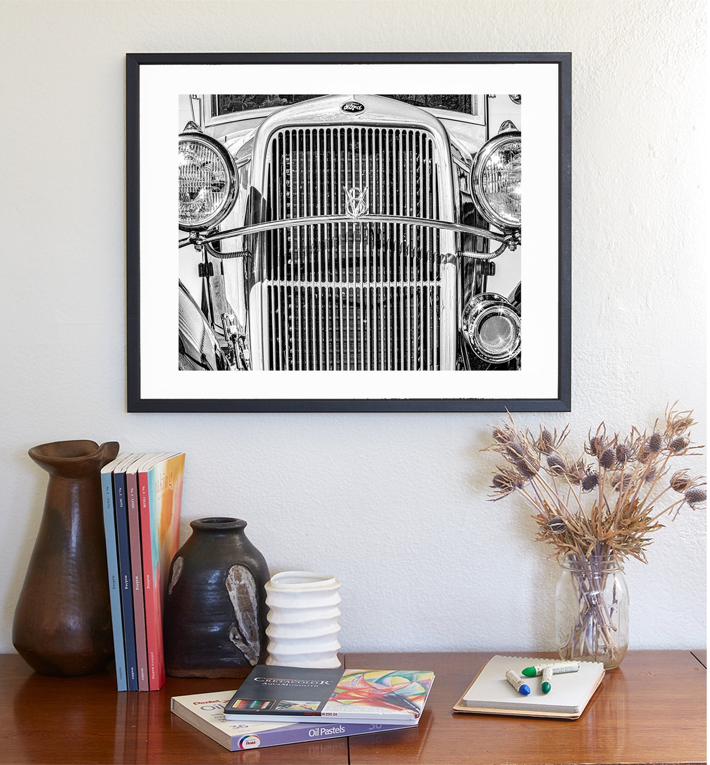 Vintage Ford V8 Pickup Truck Art Print in Black and White