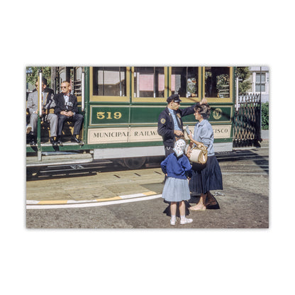 Vintage scene with a trolley and people on a white background. San Francisco California Vintage Cable Car Photograph