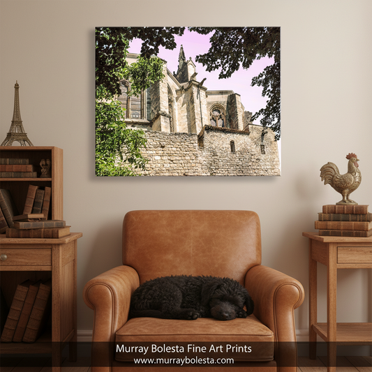 a stone church with a tall spire, surrounded by lush greenery and framed by trees. French Cathedral Art Print | Bazas Aquitaine France Photo Gift by Murray Bolesta