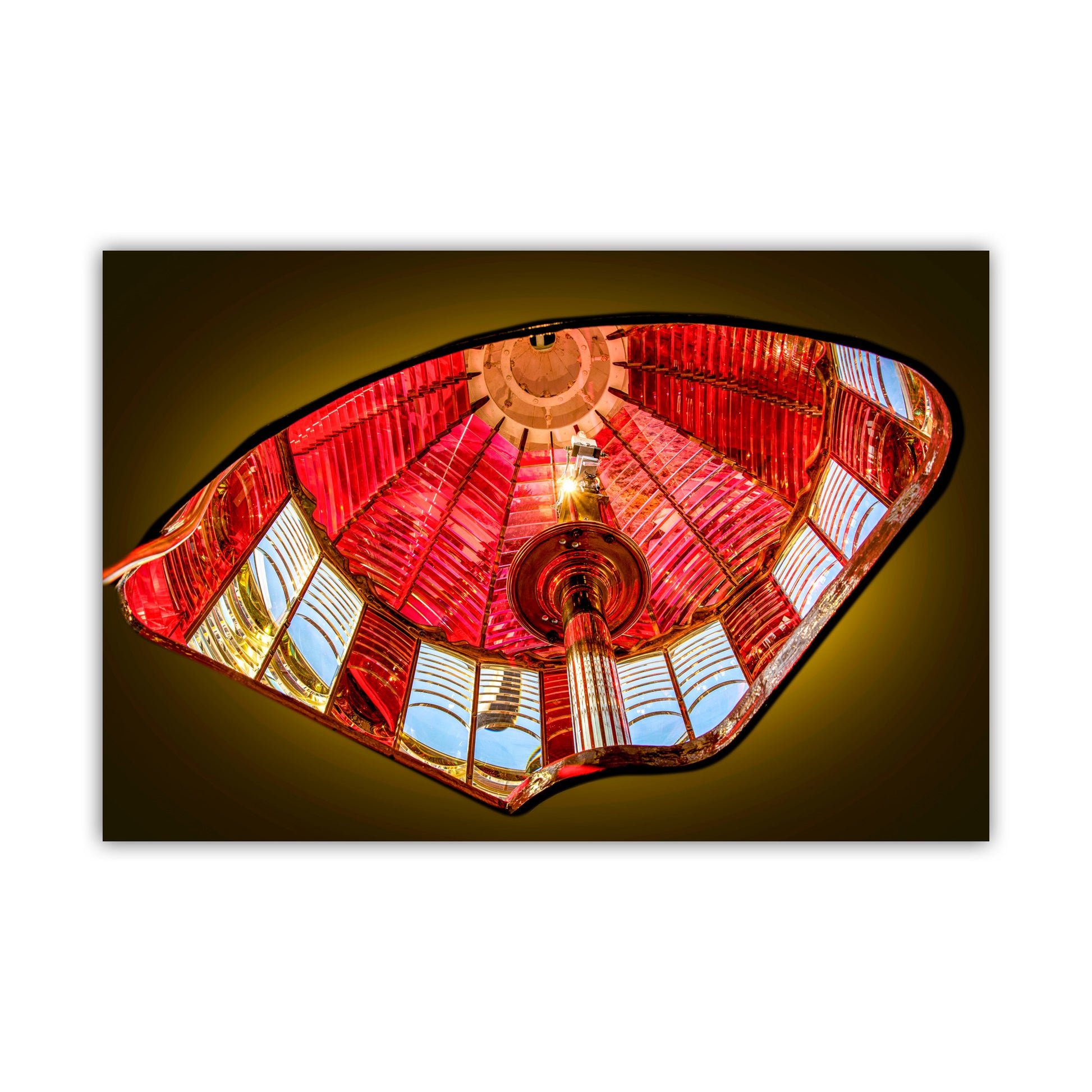 Colorful stained glass ceiling with red, pink, and blue hues on a white background. Fresnel Lighthouse Lens at Umpqua River | Pacific Coast Oregon Art