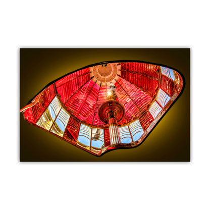 Colorful stained glass ceiling with red, pink, and blue hues on a white background. Fresnel Lighthouse Lens at Umpqua River | Pacific Coast Oregon Art
