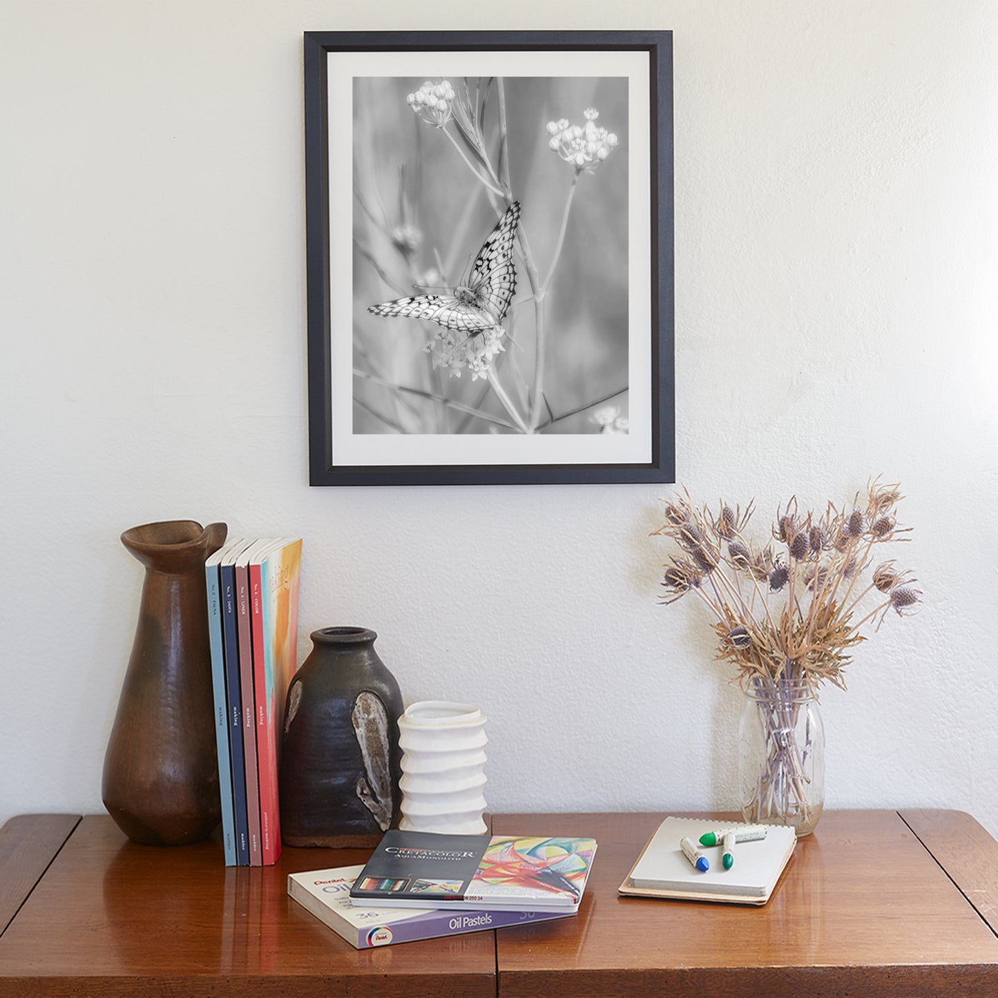 Butterfly Art Photography in Black and White with Milkweed Flowers