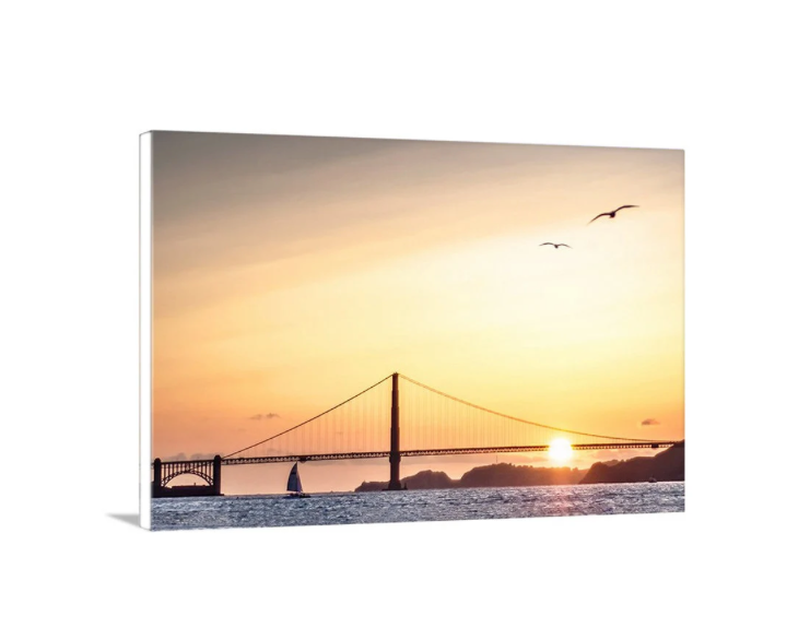 My cool California art! Here, the sun sets beyond the Golden Gate Bridge at San Francisco, California USA. The scene is embellished by a catamaran sailboat and seabirds! Original, unique signed art by Murray Bolesta.