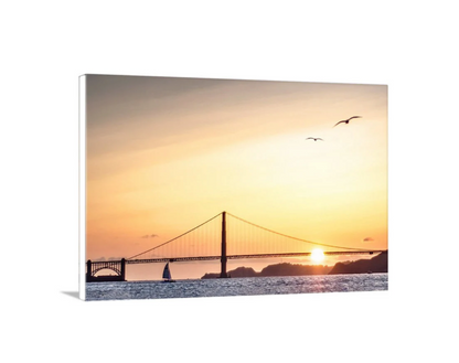 My cool California art! Here, the sun sets beyond the Golden Gate Bridge at San Francisco, California USA. The scene is embellished by a catamaran sailboat and seabirds! Original, unique signed art by Murray Bolesta.
