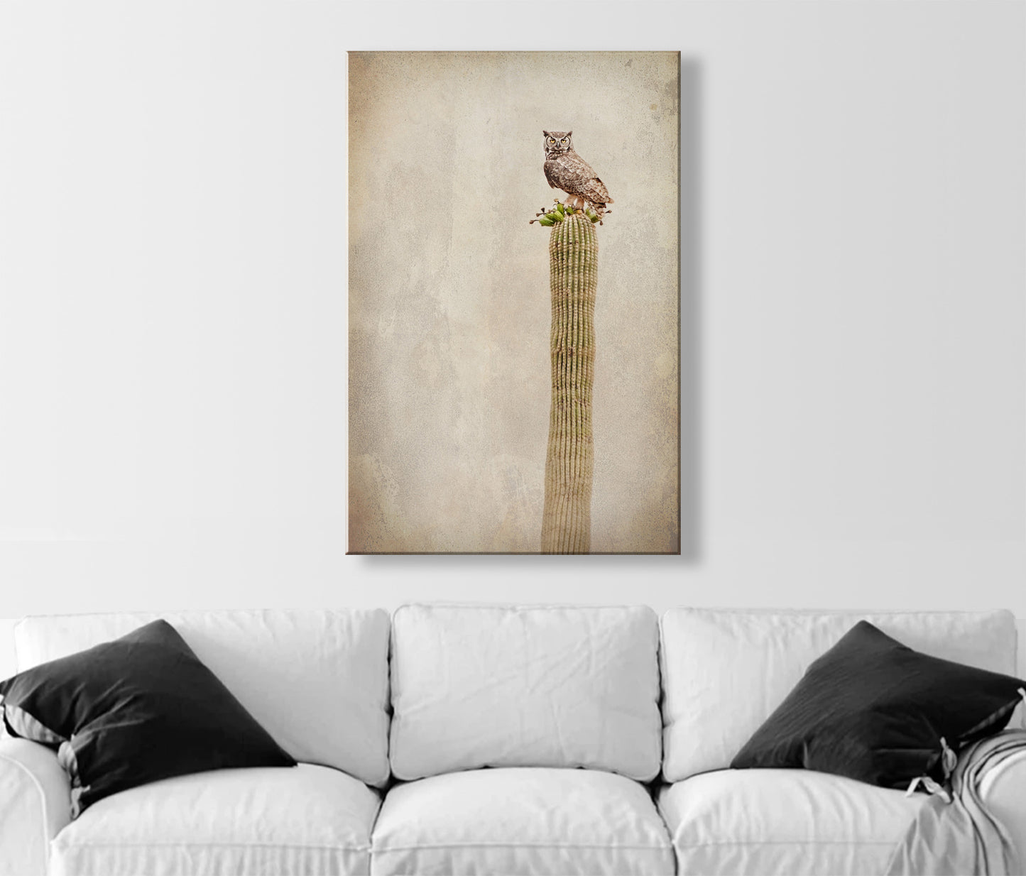 Vintage Desert Owl on Cactus - Great Horned Owl Sepia Wall Art