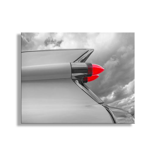 Old Cadillac Car Art – Black & White Photo with Classic 1950s Tail Fins