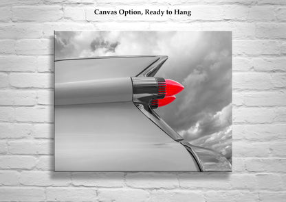 Old Cadillac Car Art – Black & White Photo with Classic 1950s Tail Fins