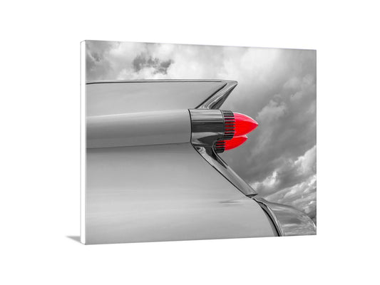 Old Cadillac Car Art – Black & White Photo with Classic 1950s Tail Fins