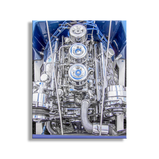 Automotive Wall Art with Chromed Hot Rod Car Engine