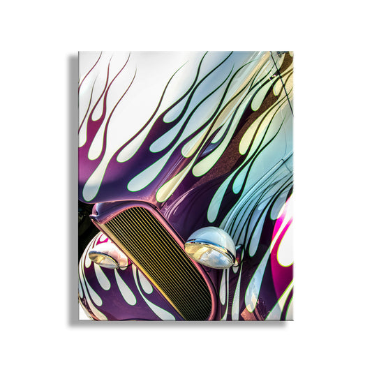 Hot Rod Muscle Car with Blue Hood Flames as Car Collector Wall Decor