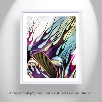 Hot Rod Muscle Car with Blue Hood Flames as Car Collector Wall Decor