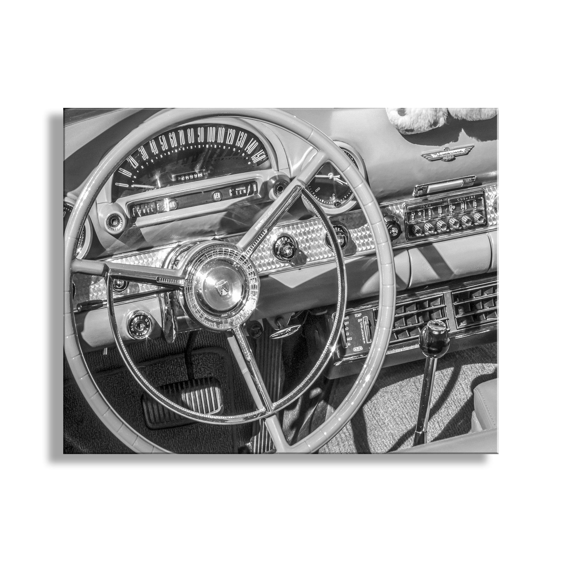 Close-up of a vintage car's steering wheel and dashboard in black and white.  My vivid vintage Ford Thunderbird art in black &amp; white for your viewing enjoyment, complete with fuzzy dice! Original, unique signed art by Murray Bolesta.
