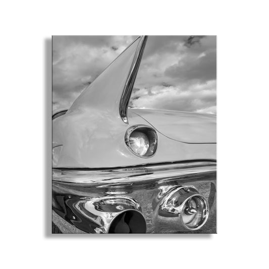Black and White Cadillac Photo Art Print with Tail Fins