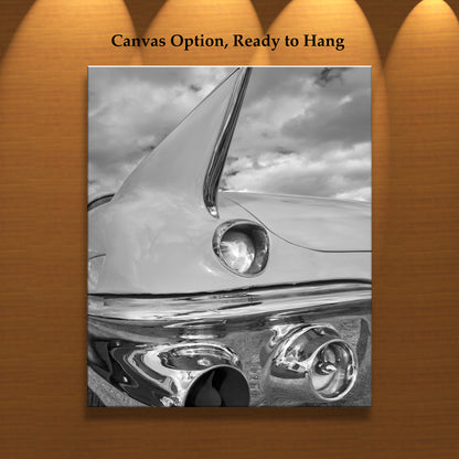 Black and White Cadillac Photo Art Print with Tail Fins