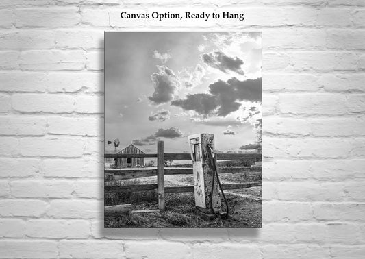 Vintage Gas Pump & Ranch Corral at Empire Ranch Sonoita Arizona in Black & White
