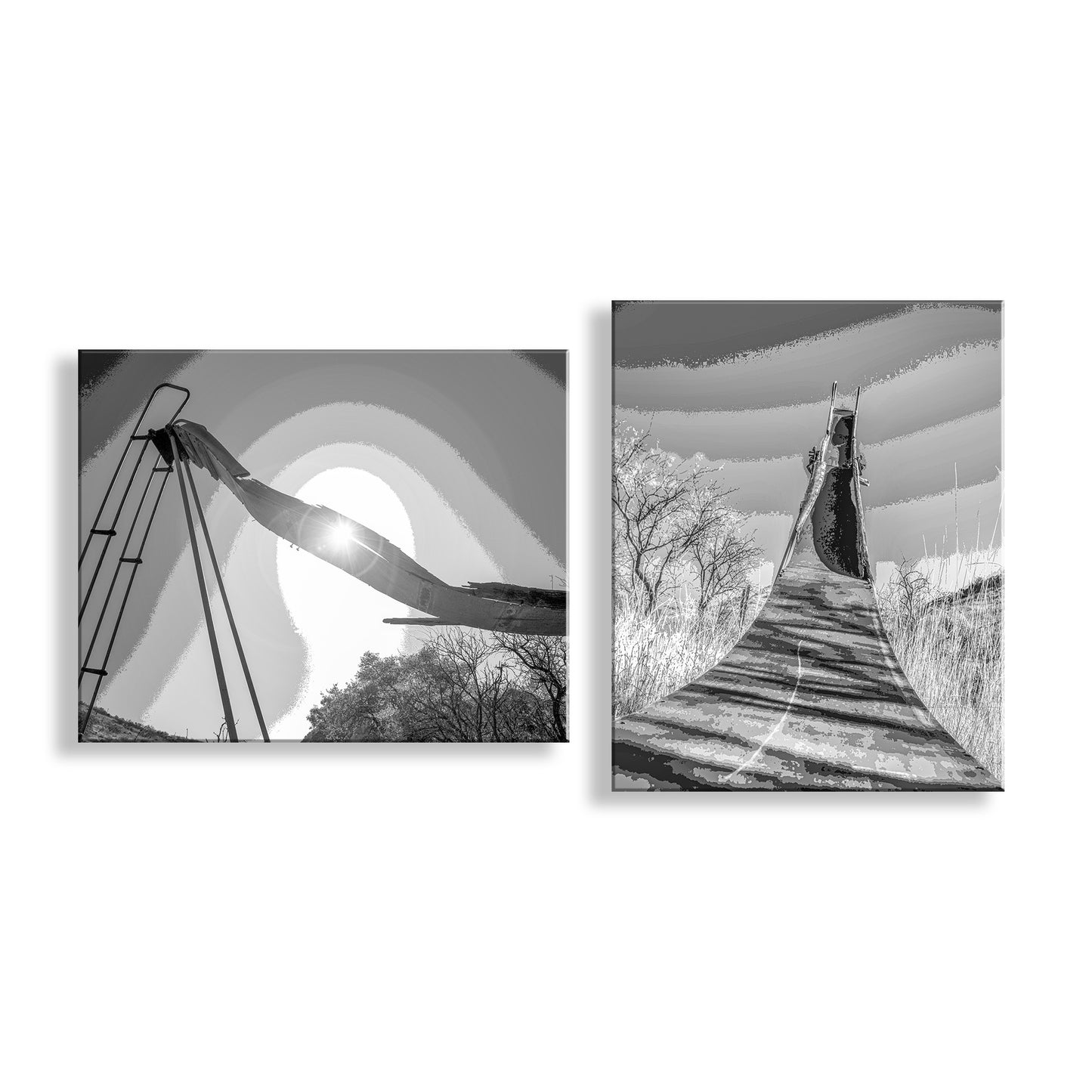 Two black and white artworks of a bridge over water with trees in the background. Surreal Black and White Playground Ruins Art in Set of 2 Prints
