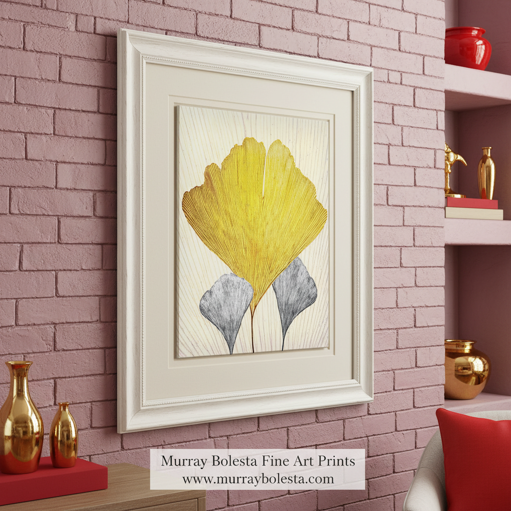 Decorative wall art with yellow, gray, and white leaves on a textured beige background. Gingko Leaf Art as Fine Art Nature Wall Decor by Murray Bolesta