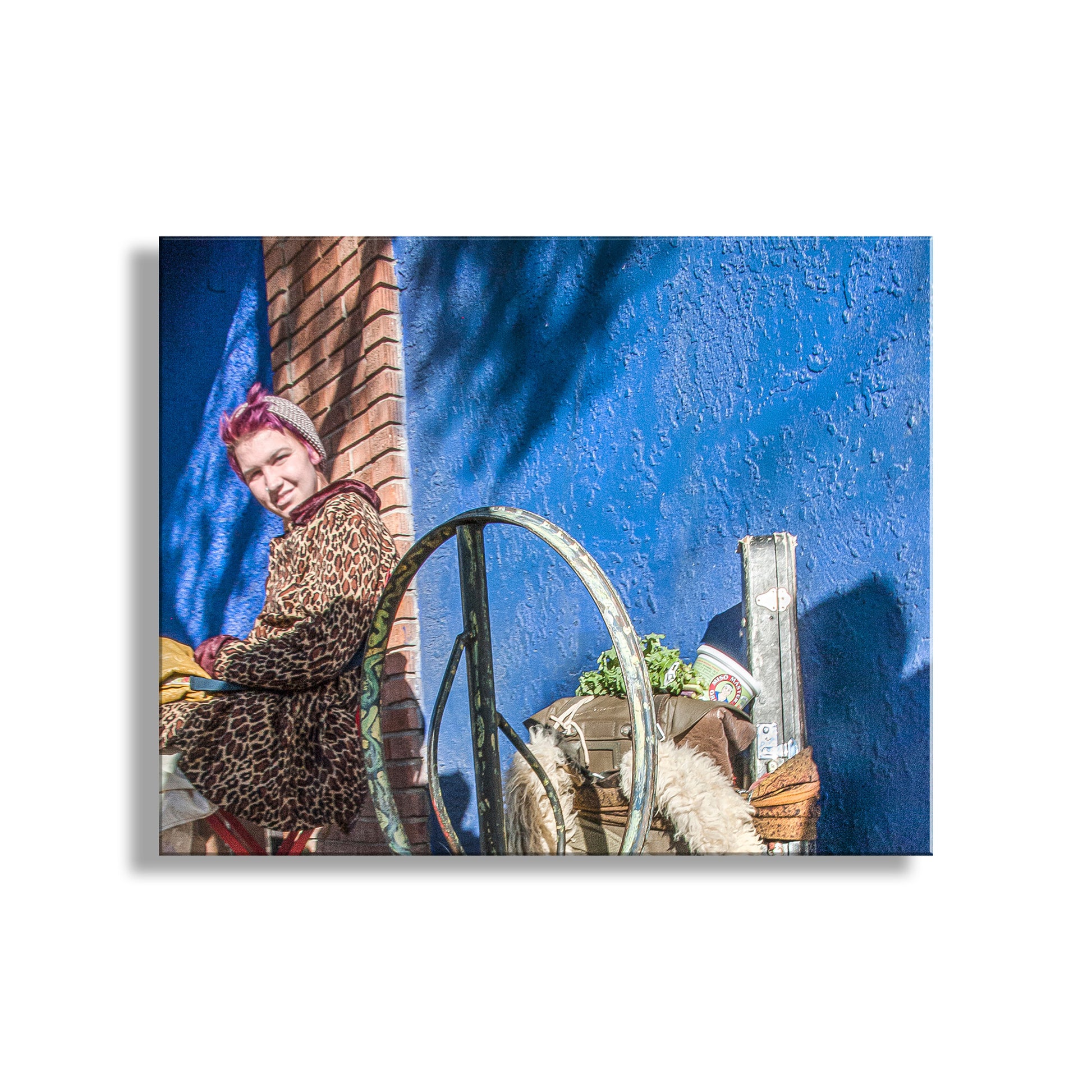 Person sitting on a staircase against a blue wall with a basket and plant. People Photography on Street at 4th Avenue Tucson Arizona