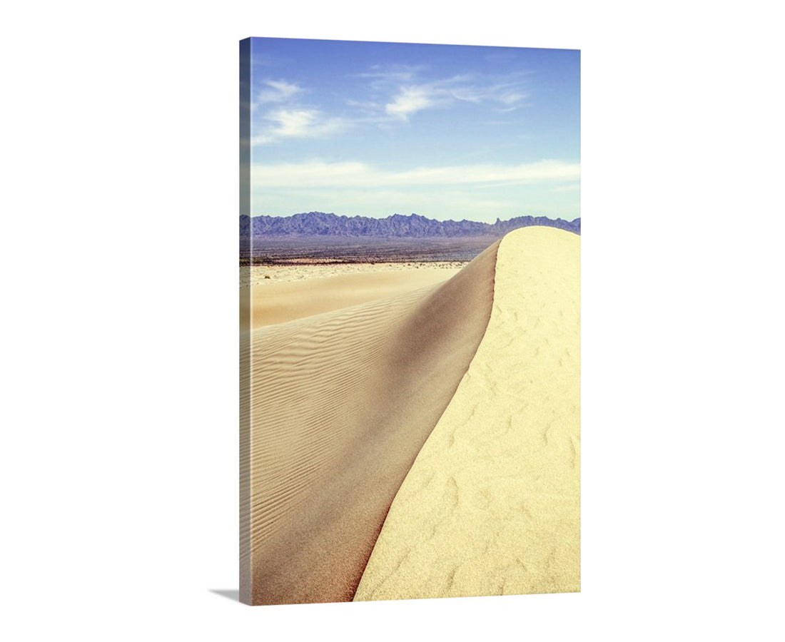 Desert landscape with sand dunes and mountains in the distance.  Beautiful Glamis! For your walls, my gorgeous Glamis sand dunes landscape photo print: the immense southern California desert for your viewing pleasure. Original, unique signed art by Murray Bolesta.