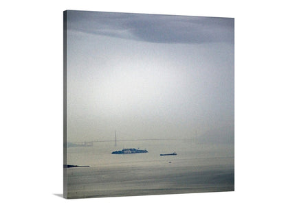 Beautiful Bay Area art. My haunting square print to embellish your walls: San Francisco Bay and Alcatraz Island from the Berkeley hills on a haunting gray day! Original, unique signed art by Murray Bolesta.