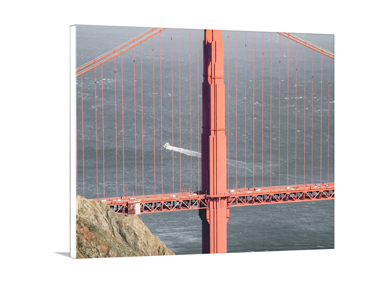 Close-up of the Golden Gate Bridge's red cables with water in the background. Beautiful San Francisco Bay! My unique picture for your walls: this is San Francisco's gargantuan Golden Gate Bridge, with a puny powerboat beneath it. "International Orange" is the official name of the color of this historic 1937 structure, continuously painted as a response to relentless coastal elements. Original, unique signed art by Murray Bolesta.
